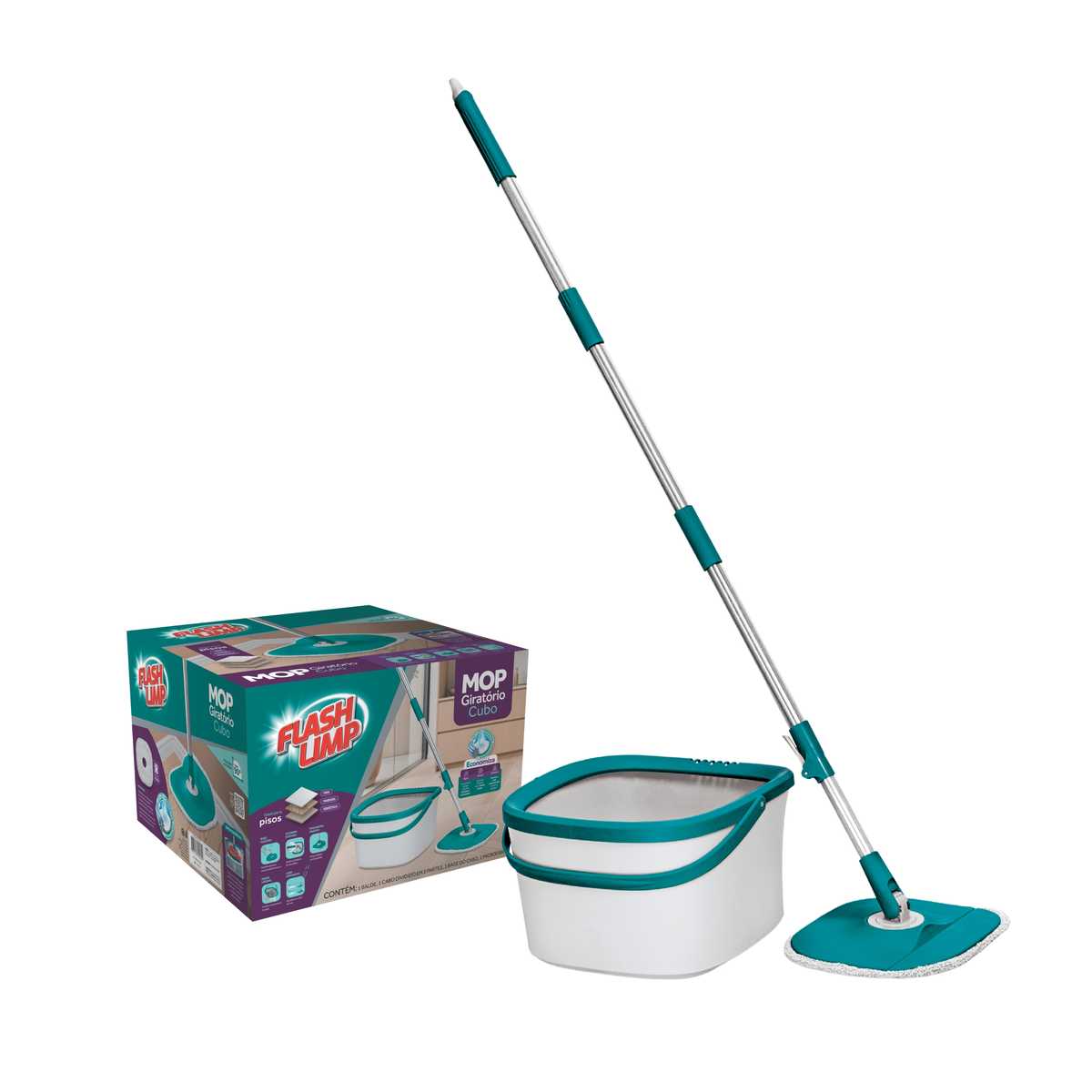 Mop Giratório Cubo, 1 balde com alça em PP, Flash Limp | Flashlimp