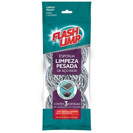 Esponja Inox Limpeza Pesada 3 Peças, Flash Limp | Flashlimp