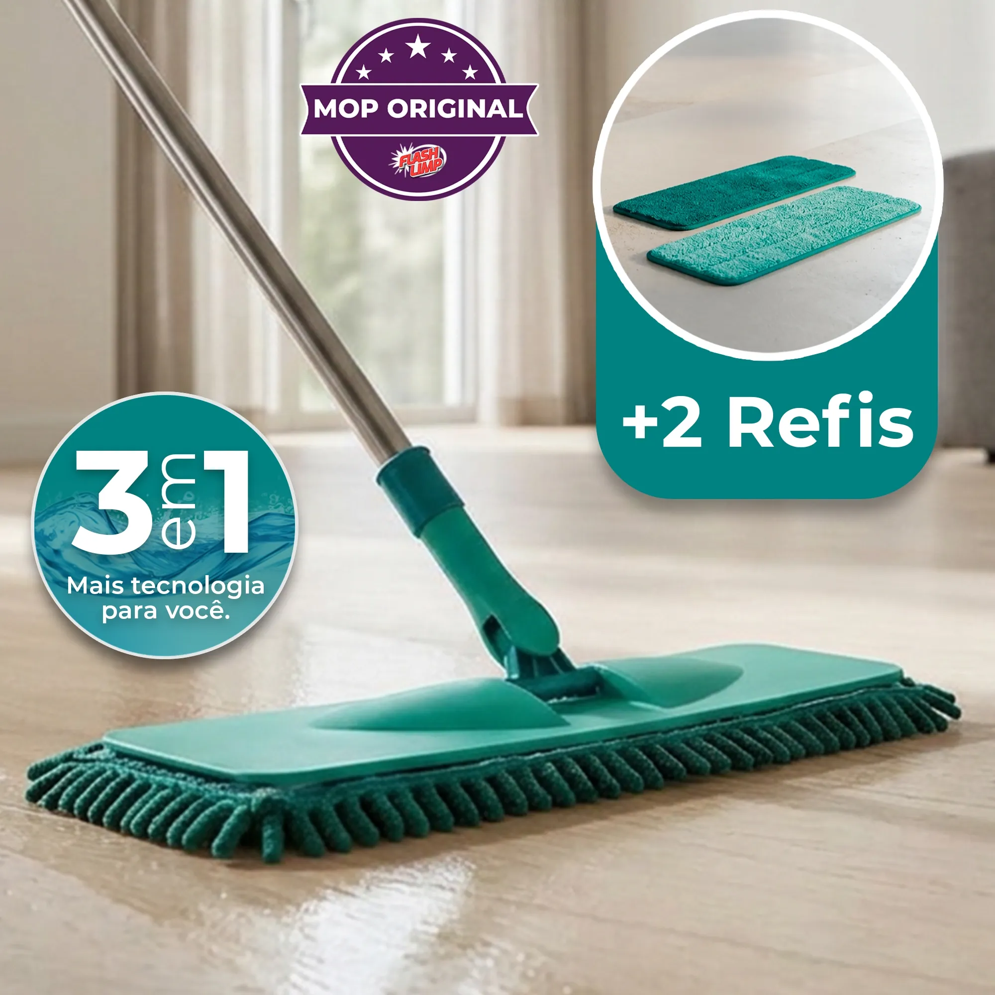 Mop Original Plano 3 em 1 + Brinde Escova Limpa Refil | Flashlimp